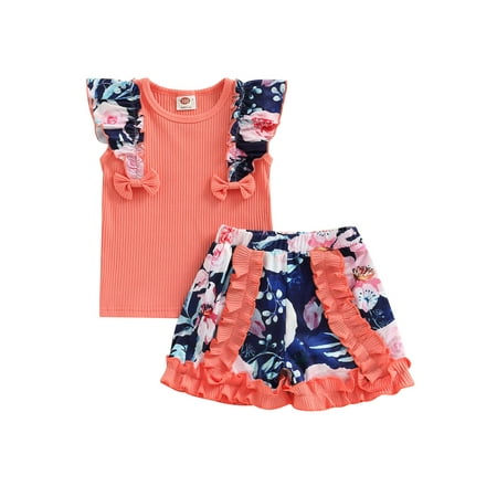 

Suanret Toddler Kids Girls Summer T-shirt Shorts Outfits Casual Ribbed Tops Elastic Floral Shorts 2PCS Clothing Set Coral Red 4-5 Years