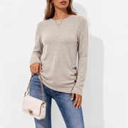 SUNBS Women's Long Sleeve Tunic Blouses Fall Button Side Ruched Shirts Crewneck Casual Tops Fashion Clothes