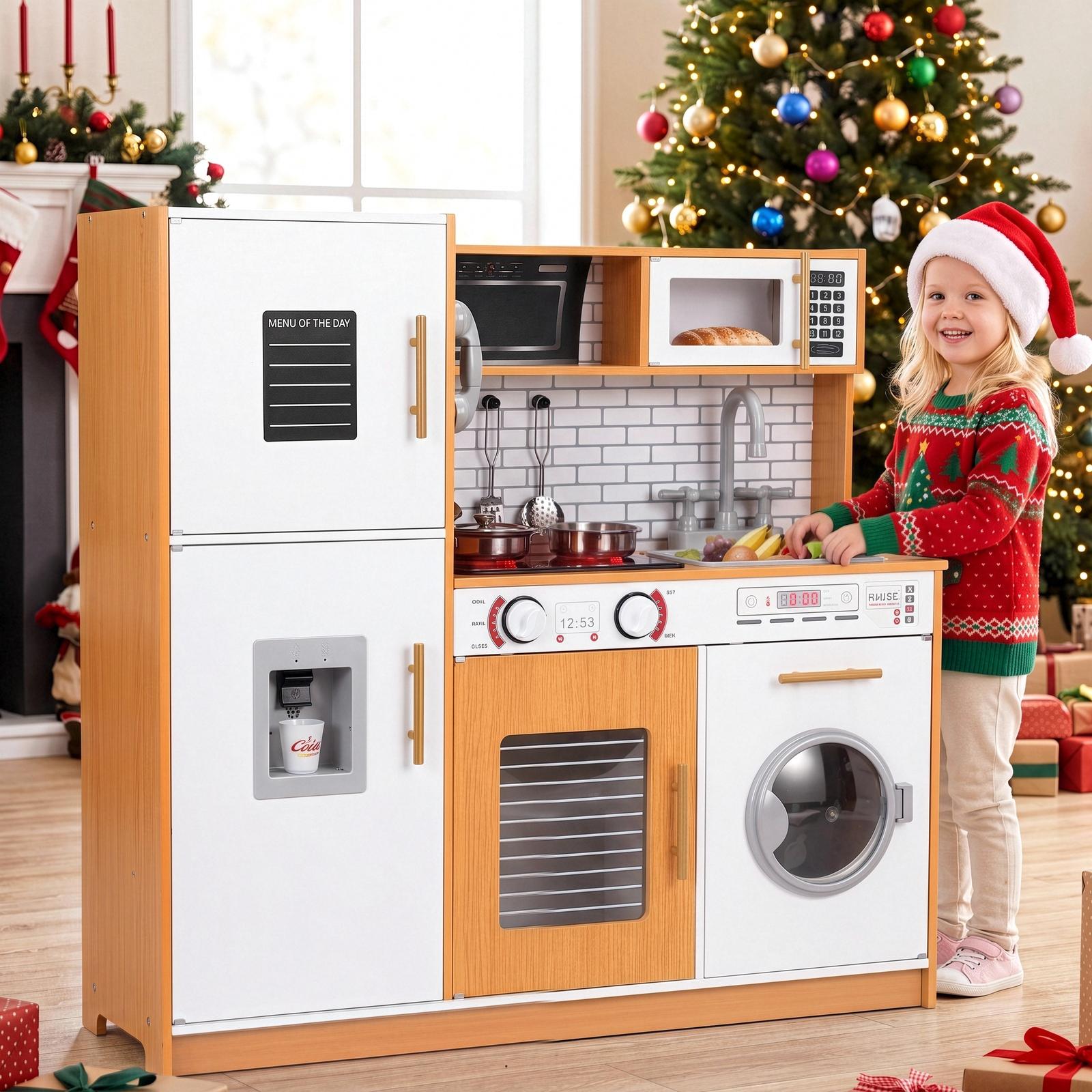 Arlopu Wooden Kids Play Kitchen - Orange with Sound & Light photo 1