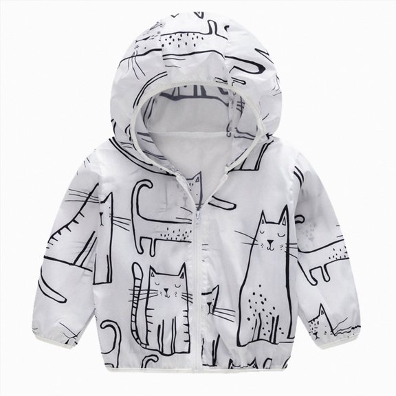 JUMEYU Baby Girls Sunscreen Jacket Cartoon Print Hooded Nylon Windbreaker Lightweight Zipper Coat for Toddler Sizes 12M-5Y (White,2-3 Years)
