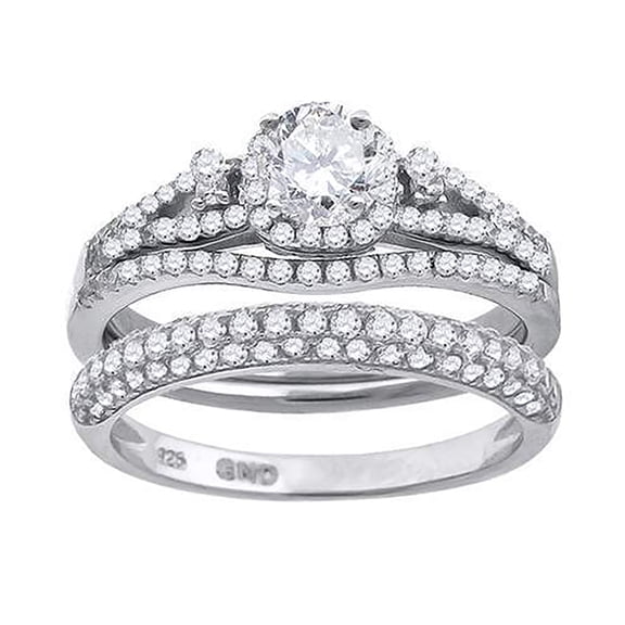 Sterling Silver Cubic Zirconia Halo Bridal Anniversary Engagement Wedding Trio Set Ring Size 6
