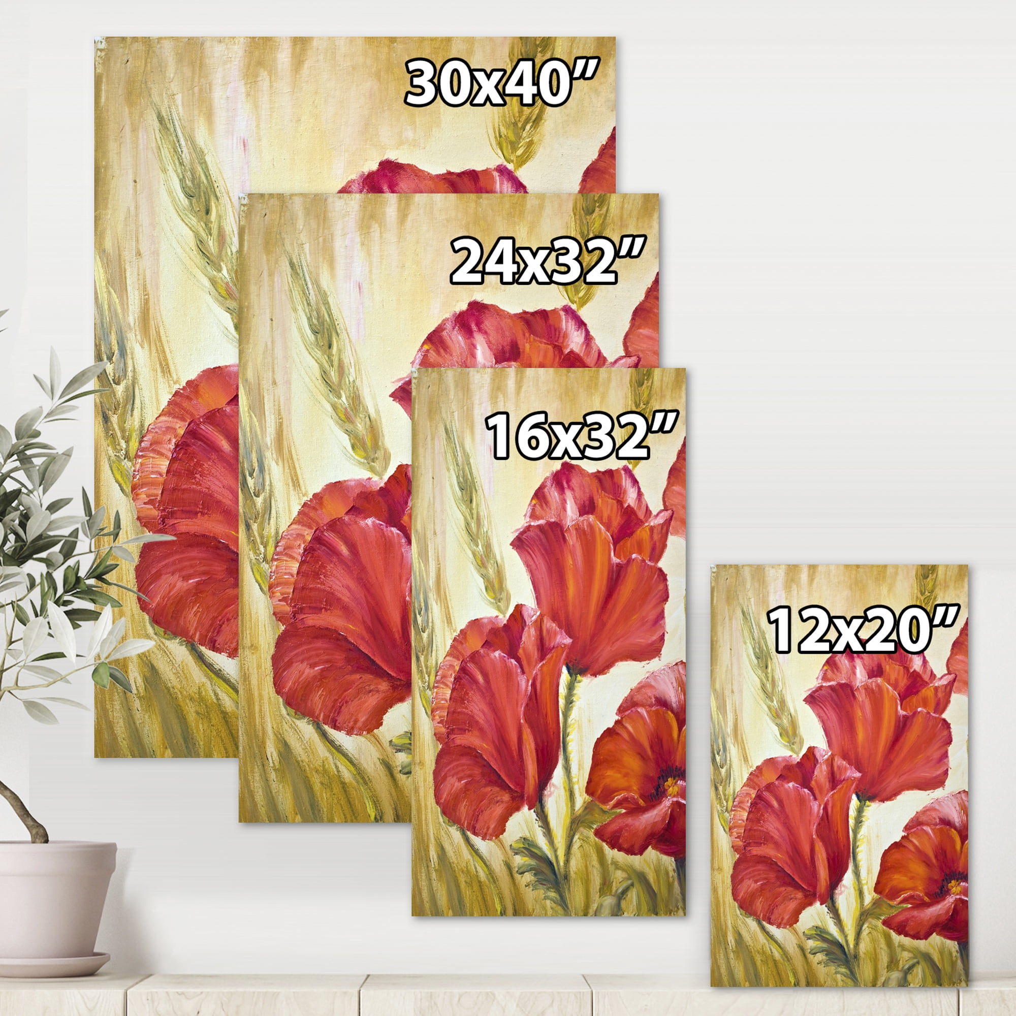 Blossoming Red Poppies In Wheat Fields II 12 in x 8 in Painting Canvas Art Print, by Designart