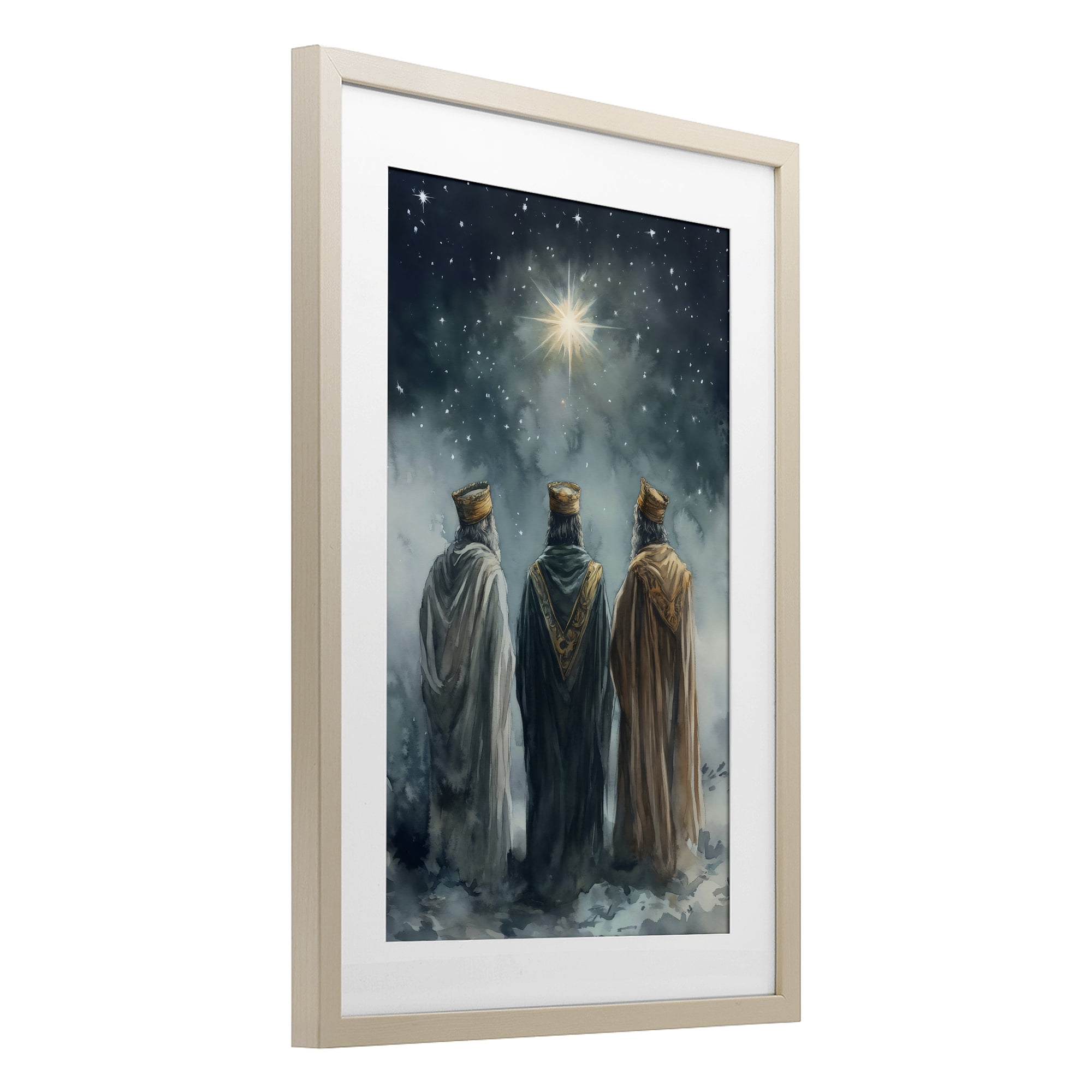 Three Wise Men & North Star Birch Framed Print Under Glass, design by Petal Prints Design