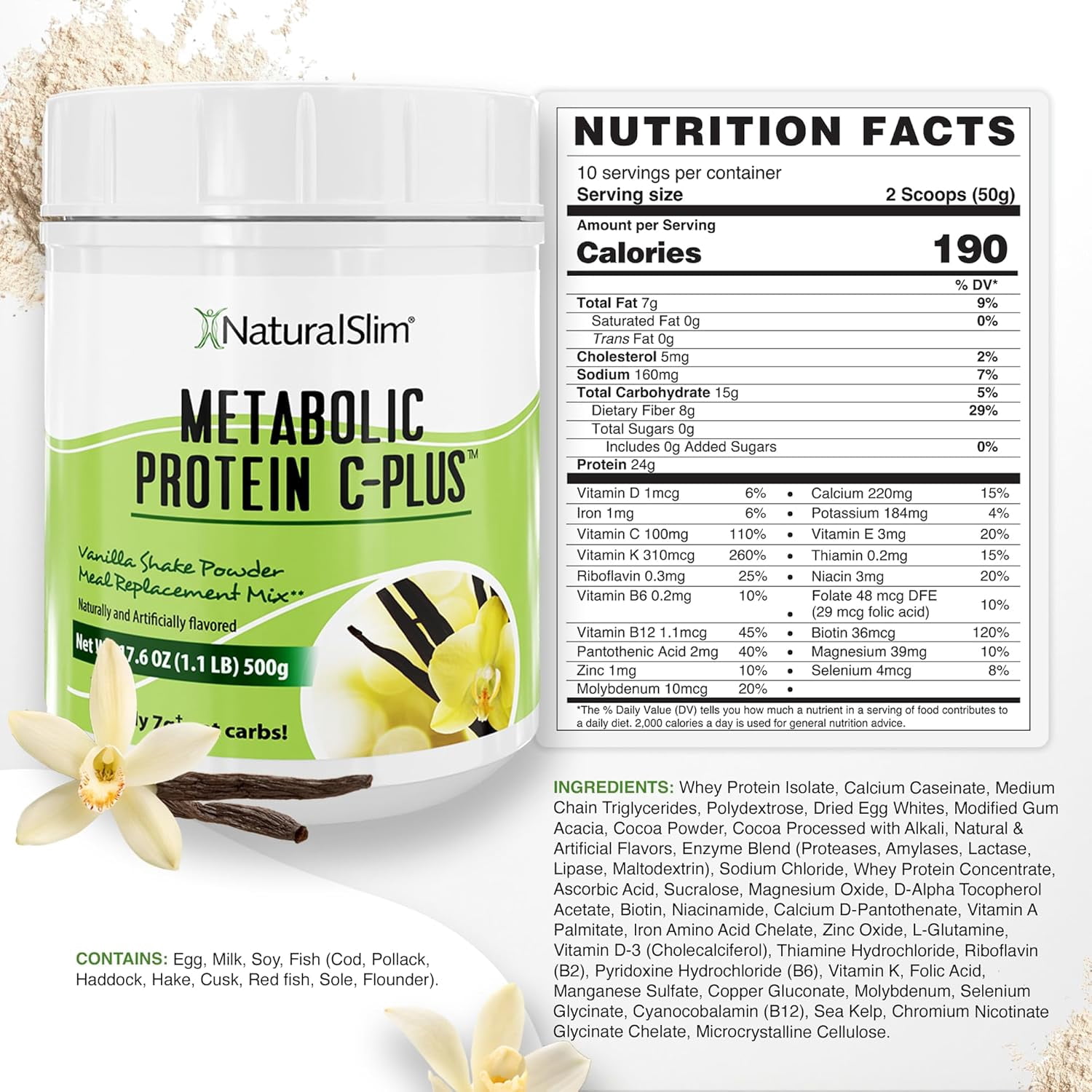 NaturalSlim Metabolic Protein C-Plus - Whey Protein Shake Powder Vanilla, 10 Servings