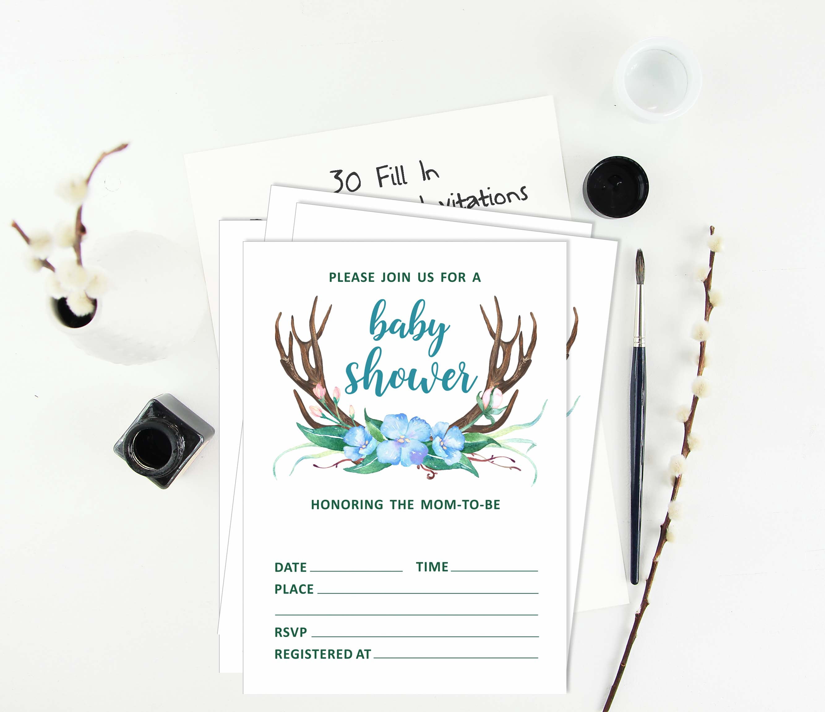 Inkdotpot 30Antler (Boy) Jungle Animals Baby Shower Invitation Cards Fill In Blank Invites