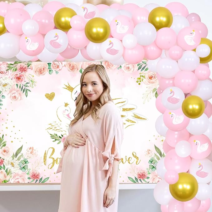 Swan Baby Shower Decorations Pink and Gold Swan Backdrop Balloon Garland Arch Kit Pink Swan Floral Decorations White Swan Baby Shower Decor for Baby Girls Baby Shower Party Supplies