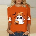 thumbnail image 2 of Women's Funny Halloween T-shirts 3/4 Sleeve Round Neck Ghost Graphic Printed Casual Tees Holiday Tops Plus Size (2XL, Orange 02), 2 of 3