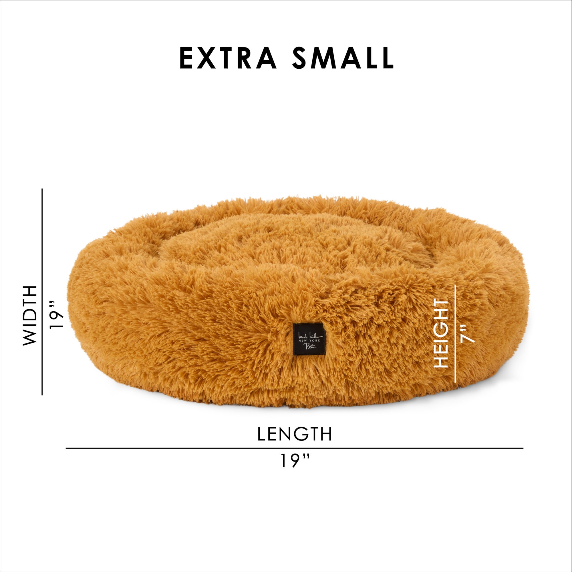NICOLE MILLER NEW YORK PET Ellie Fuzzy Solid Donut Pet Bed, Plush, Cozy & Calming, Water Repellent, Non-Slip Bottom, 100% Machine Washable, Gold, X-Small 19"x19"x7" Round