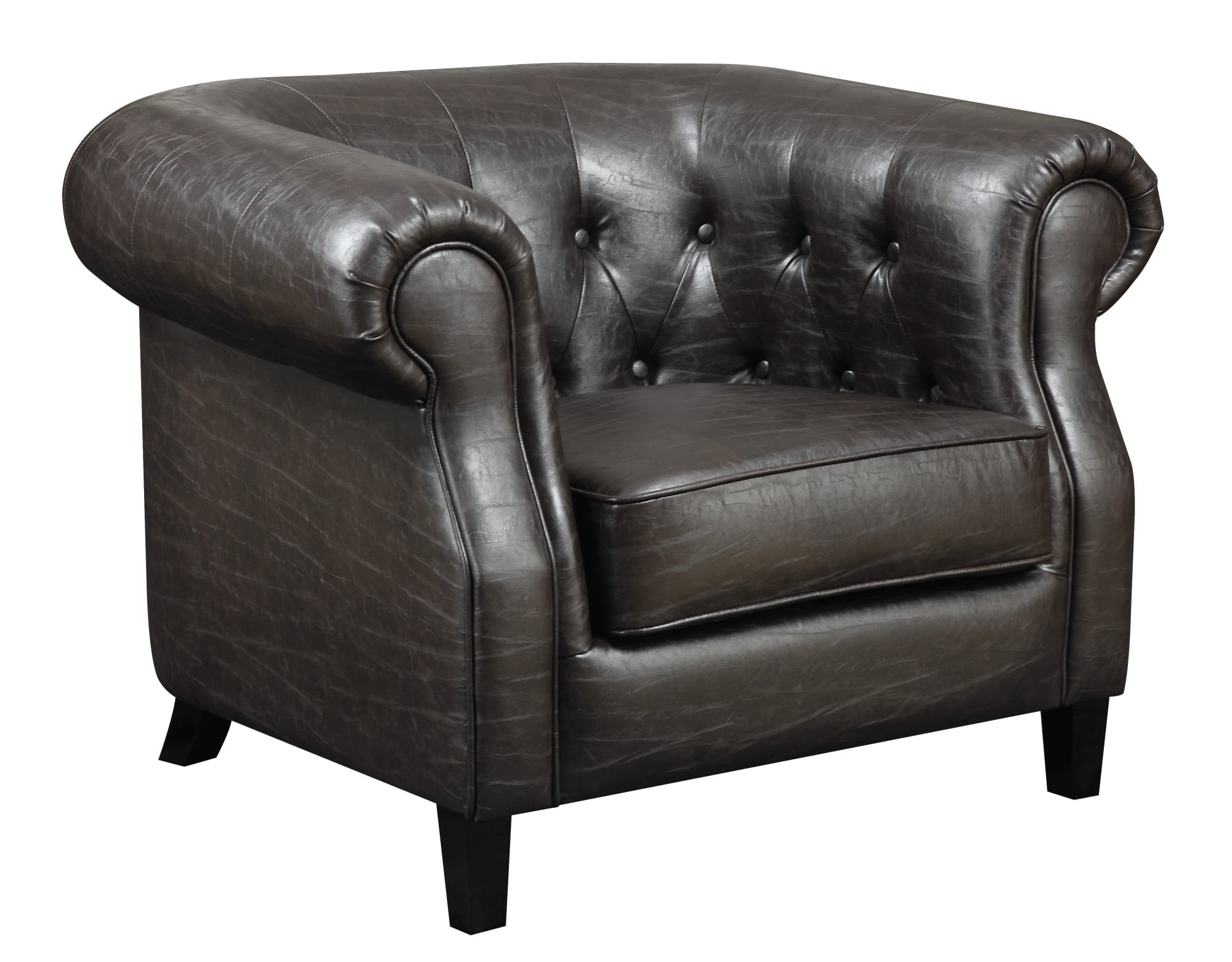 Emerald Home Soho Espresso Accent Chair with Faux Leather Upholstery, Button Tufting, And Rolled 