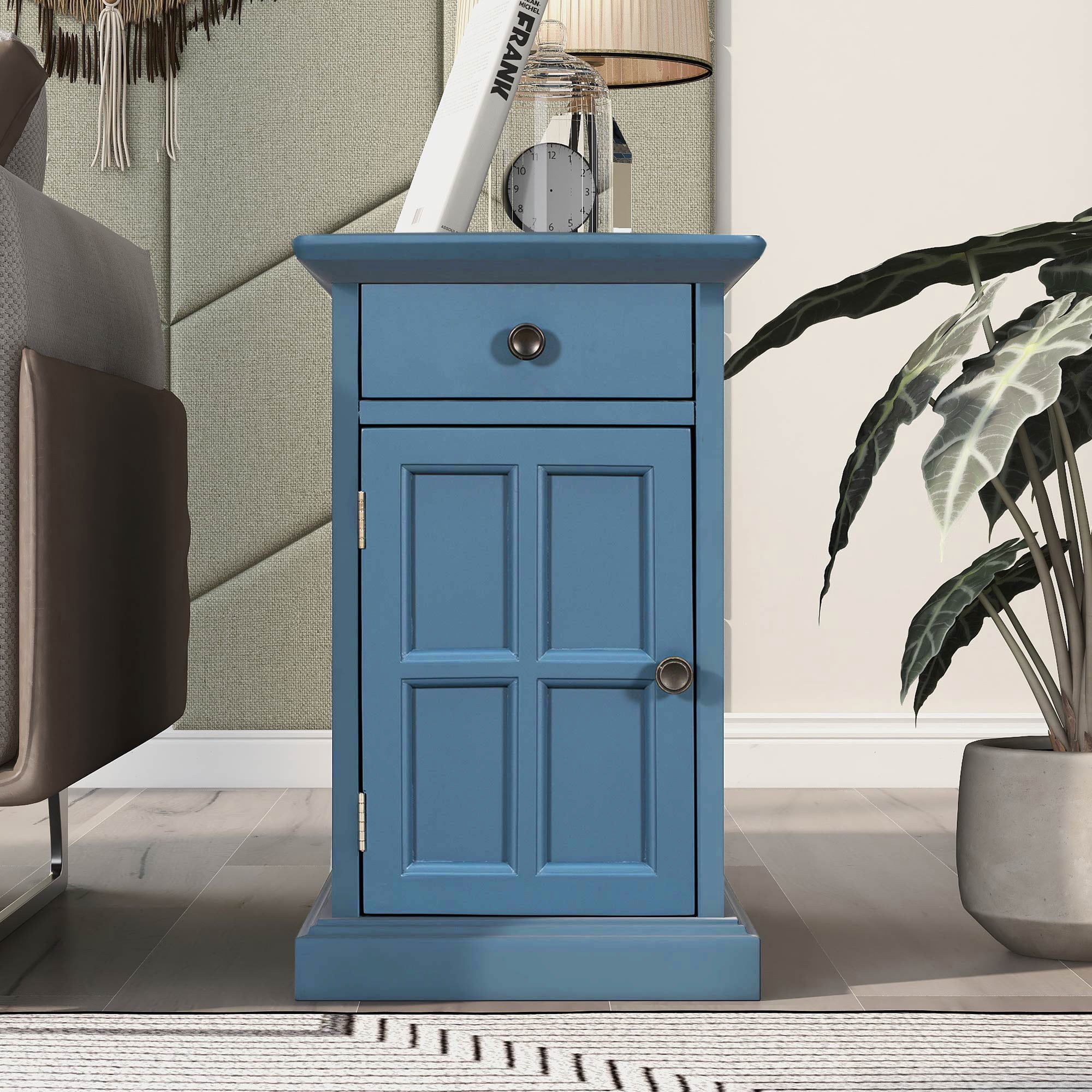 Modern End Table Side Table with USB Ports & Cup Holders,Accent Table Bedside Table for Small Spaces,Living Room,Bedroom,Navy