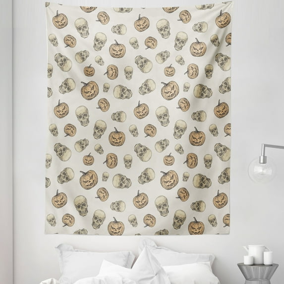 Fall Colors Tapestry, Halloween Concept Continuous Jack O Lantern Pumpkin Scary Skull Sketch, Fabric Wall Hanging Decor for Bedroom Living Room Dorm, 5 Sizes, Eggshell Ecru Grey, by Ambesonne