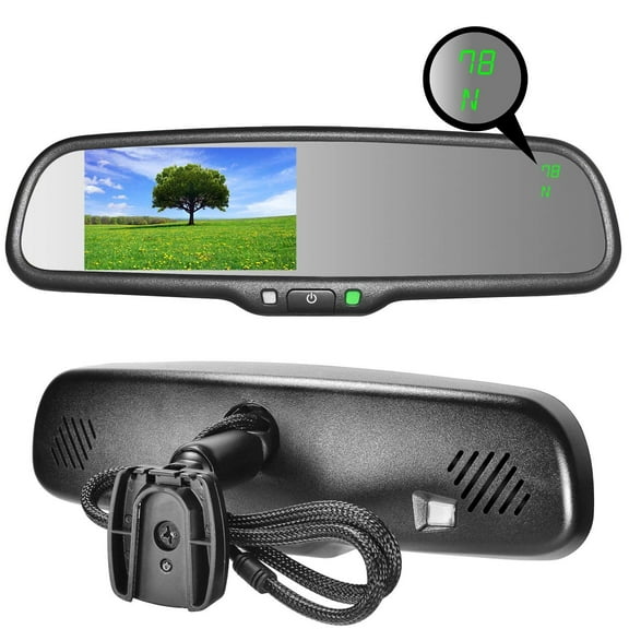 Master Tailgaters OEM Rear View Mirror with 4.3" LCD Screen, Compass & Temperature | Universal Fit Mount for Cars