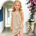 thumbnail image 2 of FYDUU Girls Sleeveless Summer Dress Solid Color V‑Neck Button Casual Dresses Lightweight Comfort Beach Sundress Kids Vacation Sundresses 5-6 Years, 2 of 5