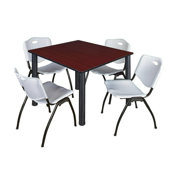 Regency 48 in Square Breakroom Table- Mahogany Top, Black Legs, 4 M Stack Chairs- Grey