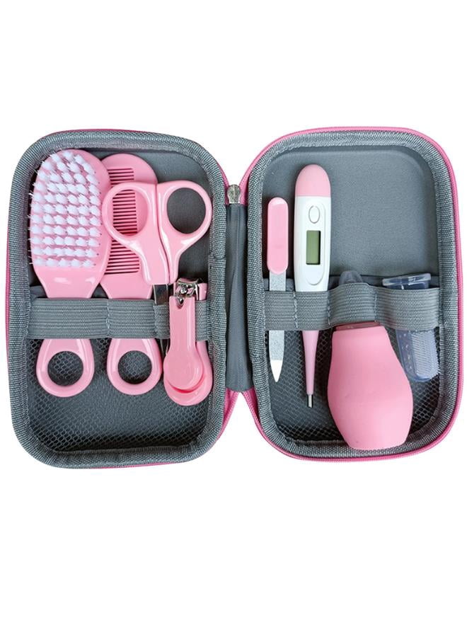 8-piece Portable Baby Care Grooming and Healthcare Kit With Premium-quality Materials，Hair Brush/Nail Clipper/Nose Cleaner/Finger Toothbrush/Nail Scissors/Manicure Kit