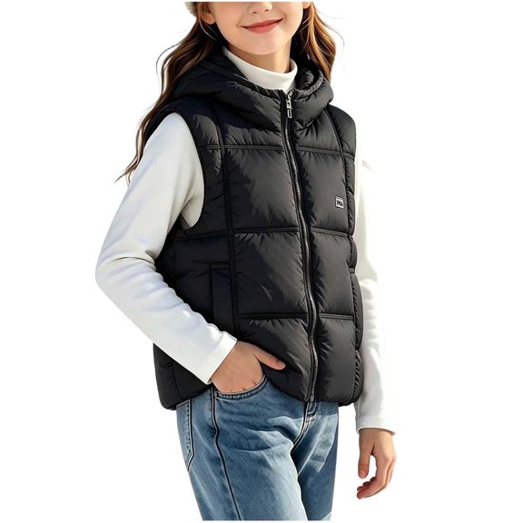 ZACPNCV Kids Hooded Puffer Vest Boys Girls Lightweight Quilted Sleeveless Gilet Winter Warm Waistcoat Windproof Outerwear for Cold Weather,Black