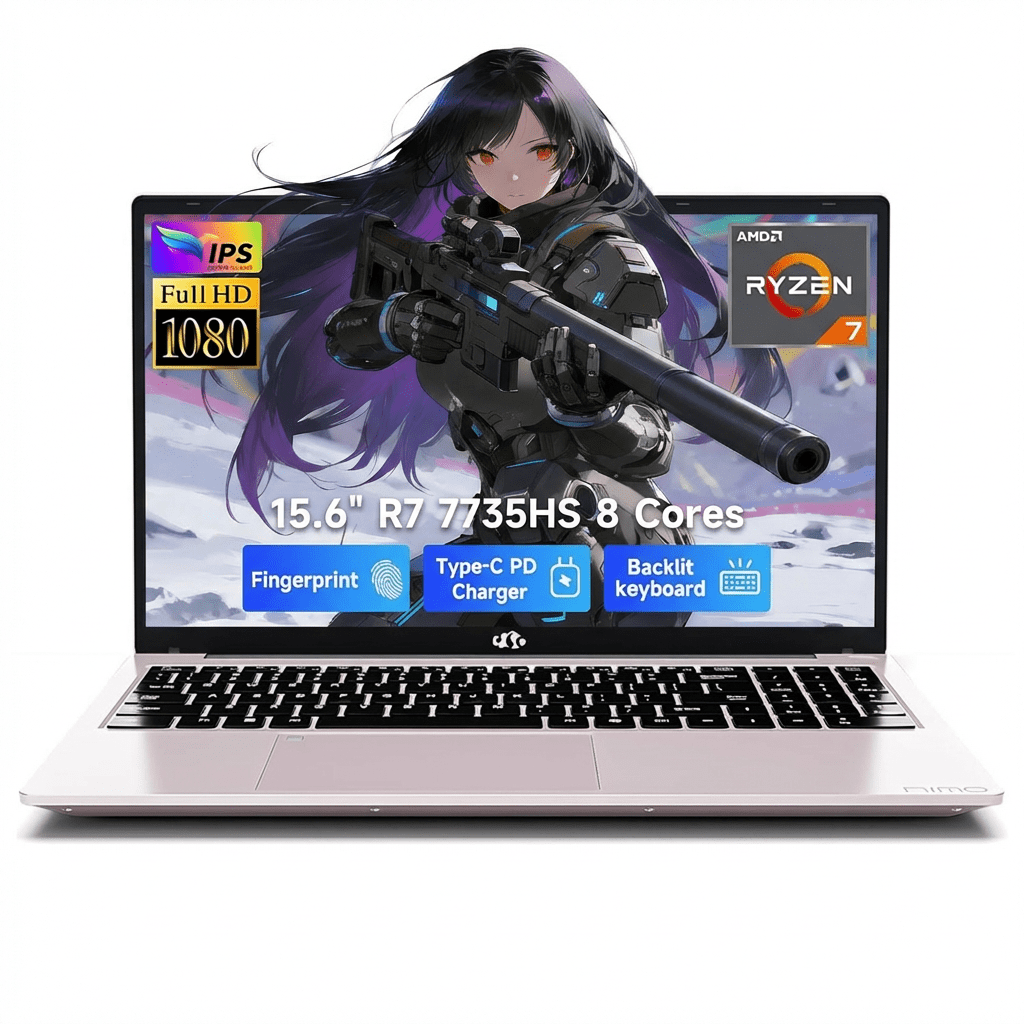 15.6" FHD Gaming Laptop 16GB DDR5 RAM 1TB NVMe SSD AMD Ryzen 7 7735HS (8 Cores Up to 4.75GHz) with Radeon 680M Graphics 100W PD Type-C Backlit Keyboard Fingerprint Unlock RoseGold