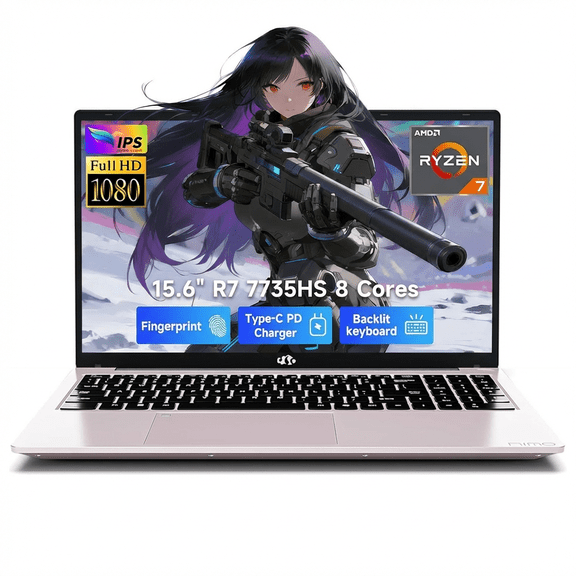15.6" FHD Gaming Laptop 16GB DDR5 RAM 1TB NVMe SSD AMD Ryzen 7 7735HS (8 Cores Up to 4.75GHz) with Radeon 680M Graphics 100W PD Type-C Backlit Keyboard Fingerprint Unlock RoseGold