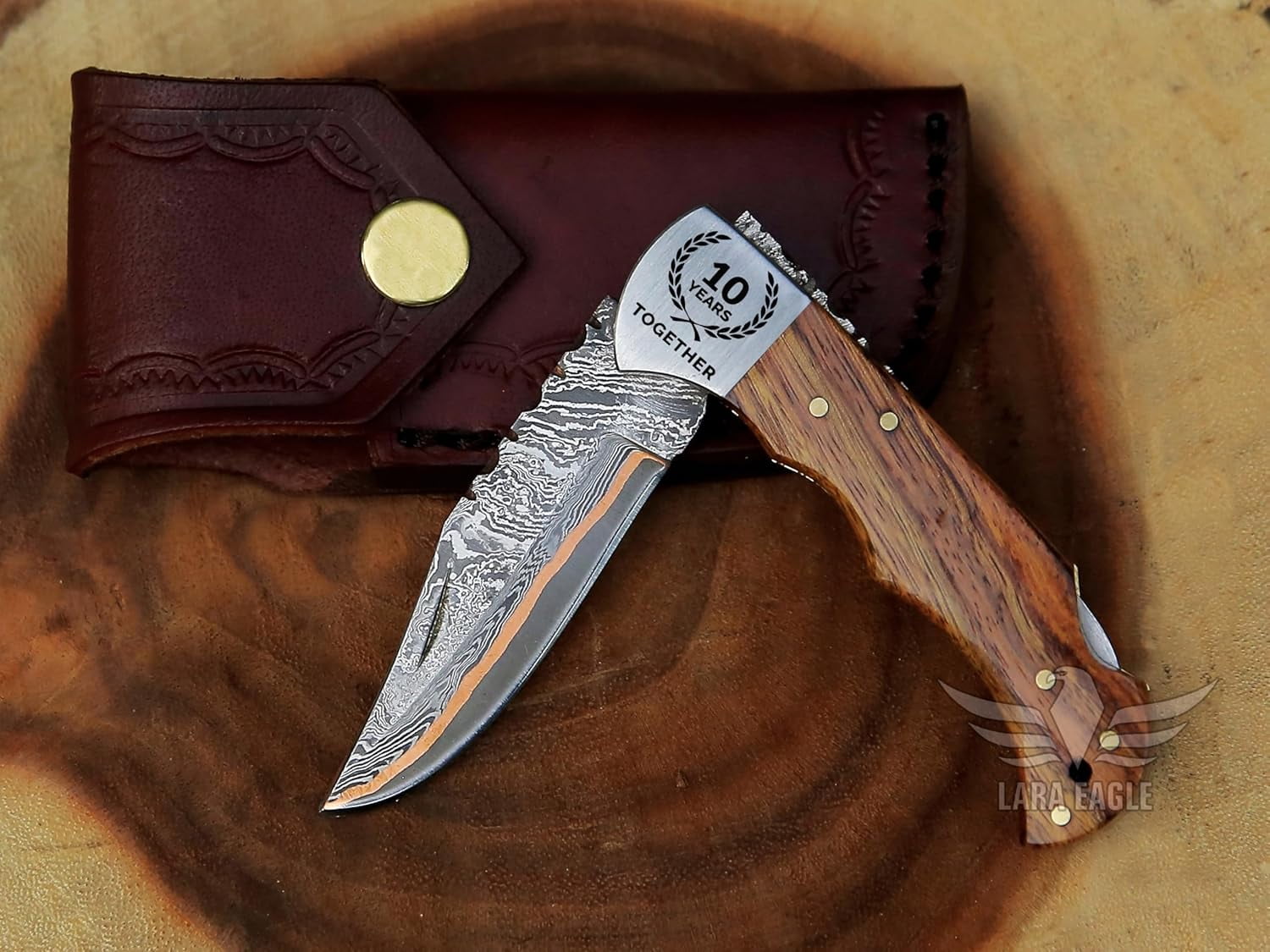 Copper Damascus Pocket Knife – Rose Wood Handle, Folding Hunting Knife with Leather Sheath & Sharpener – Ideal for Tactical, Survival, and Camping Use