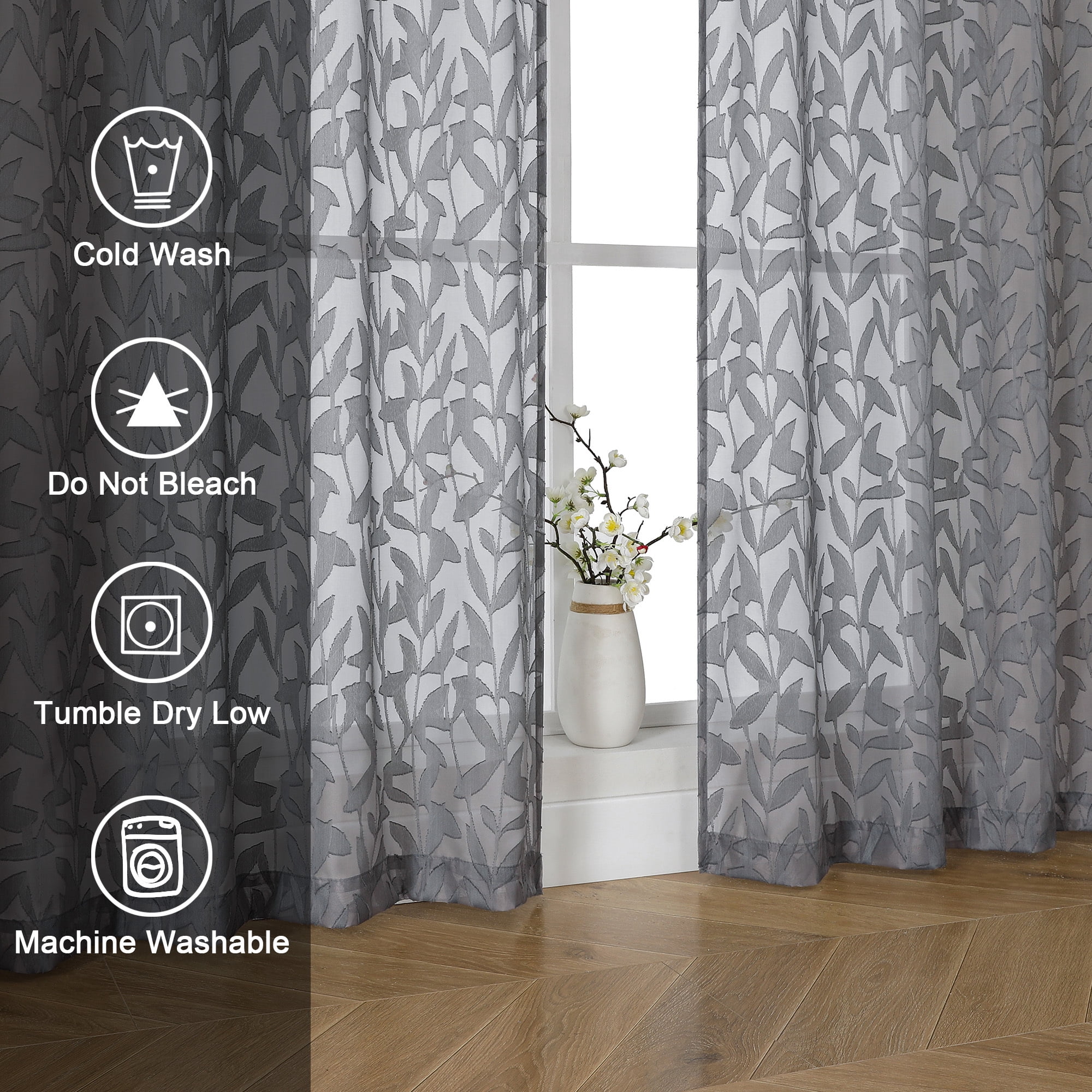 OVZME Leila Light Filtering Grey Sheer Curtains 72 Inches Long 2 Panels, Textured Jacquard Leaf Pattern Farmhouse Door Curtains for Living Room, Bedroom, Bathroom, Each 40Wx72L Inch, Grey