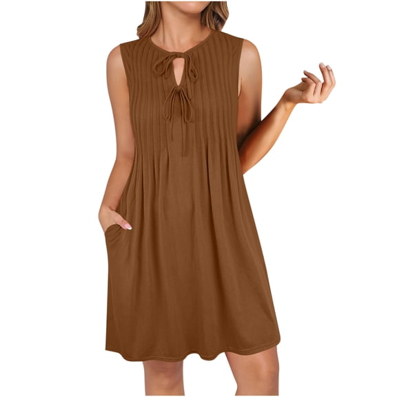 RYDCOT Womens Summer Dresses Casual Sundresses Sleeveless Self Tie Front Pleated Tank Dress with Pockets Swing Beach Vacation Dress 2025 Brown