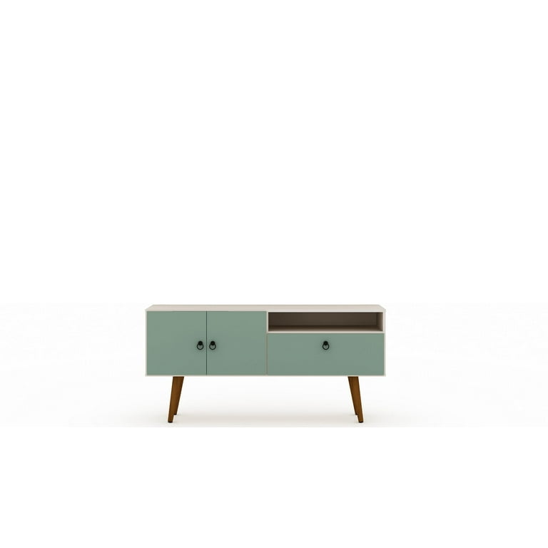 Manhattan Comfort Tribeca 53 94 Mid Century Modern Tv Stand With Solid Wood Legs In Off White And Green Mint Com Mid Century Modern Tv Stand, Off White Tv Console Table