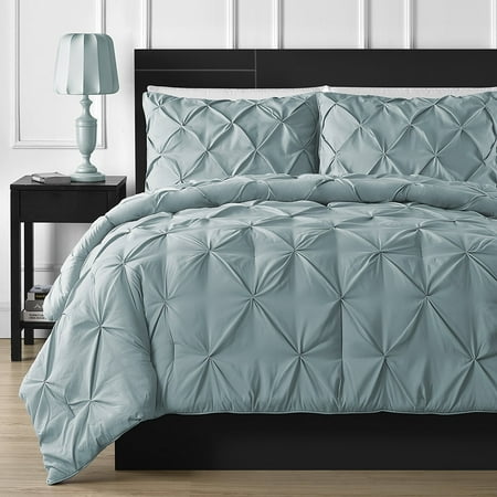 Pin Tuck Bedding Double Needle Durable Stitching Comfy Bedding 3-piece Pinch Pleat Comforter Set All Season Pintuck Style (Queen, Spa Blue) ()
