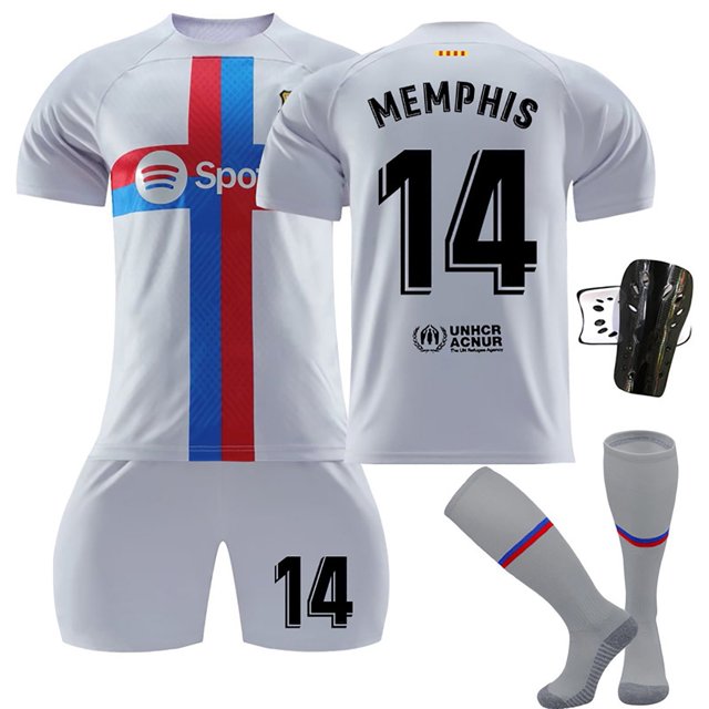 KEVCHE 2223 FC Barcelona Jersey Futbol 4 Piezas Set, Adultos Camiseta Barcelona Futbol Jersey Barcelona MEMPHIS #14 Printed Jersey Soccer Shirt Short Socks Set, Camiseta de Visita Blanco #14/S