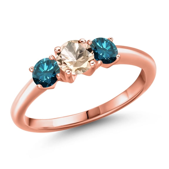 Gem Stone King 18K Rose Gold Plated Silver Peach Morganite and Blue Diamond Engagement Ring for Women | 0.94 Cttw | Round 5MM | Gemstone October Birthstone | Size 6