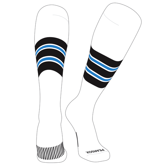 PEAR SOX Striped OTC Baseball, Softball, Football Socks (E) White, Black, NEON Blue (XS)