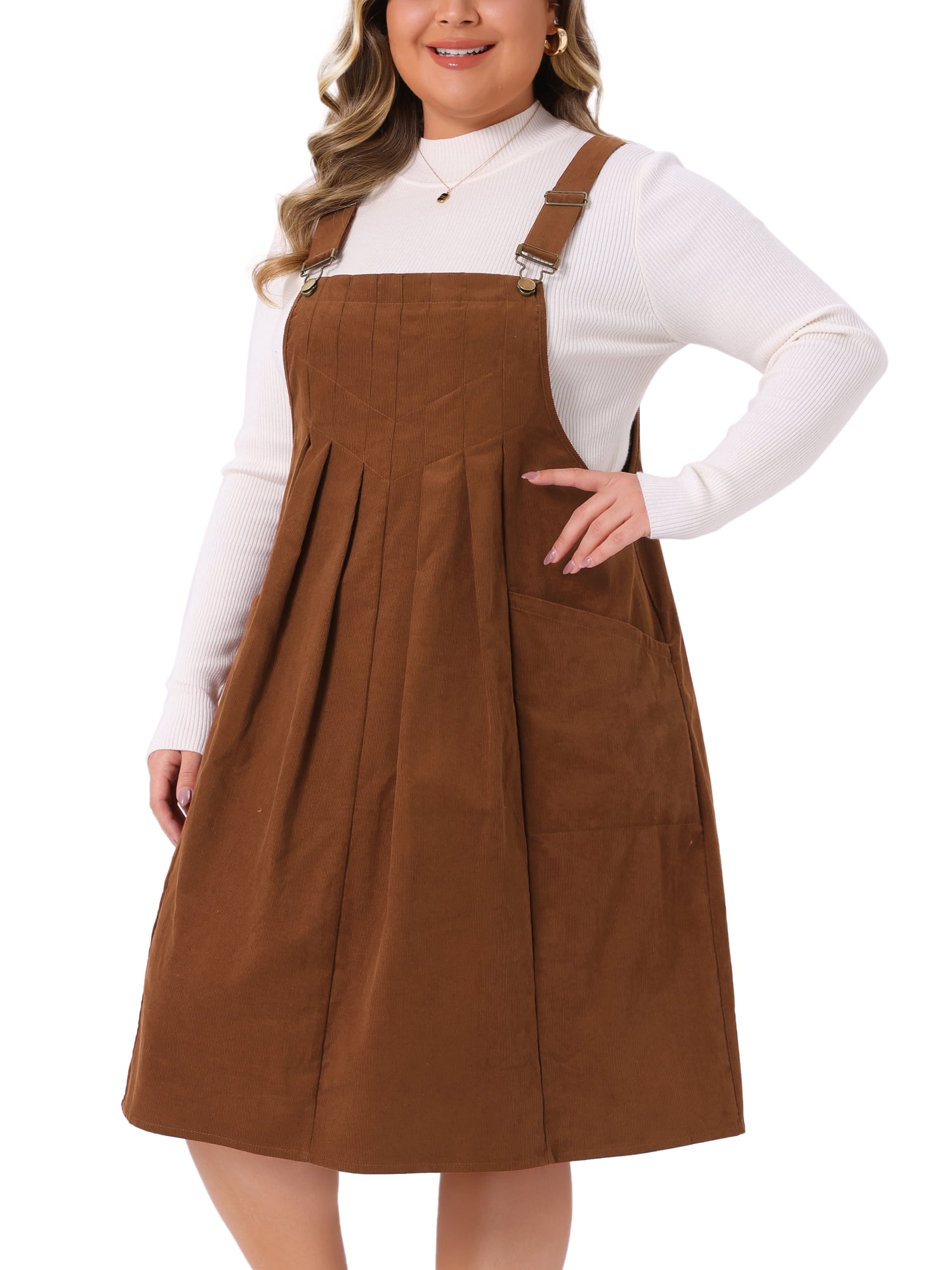DARING DIVA Women's Plus Corduroy Pinafore Dress Pleated Skirt 3X Brown