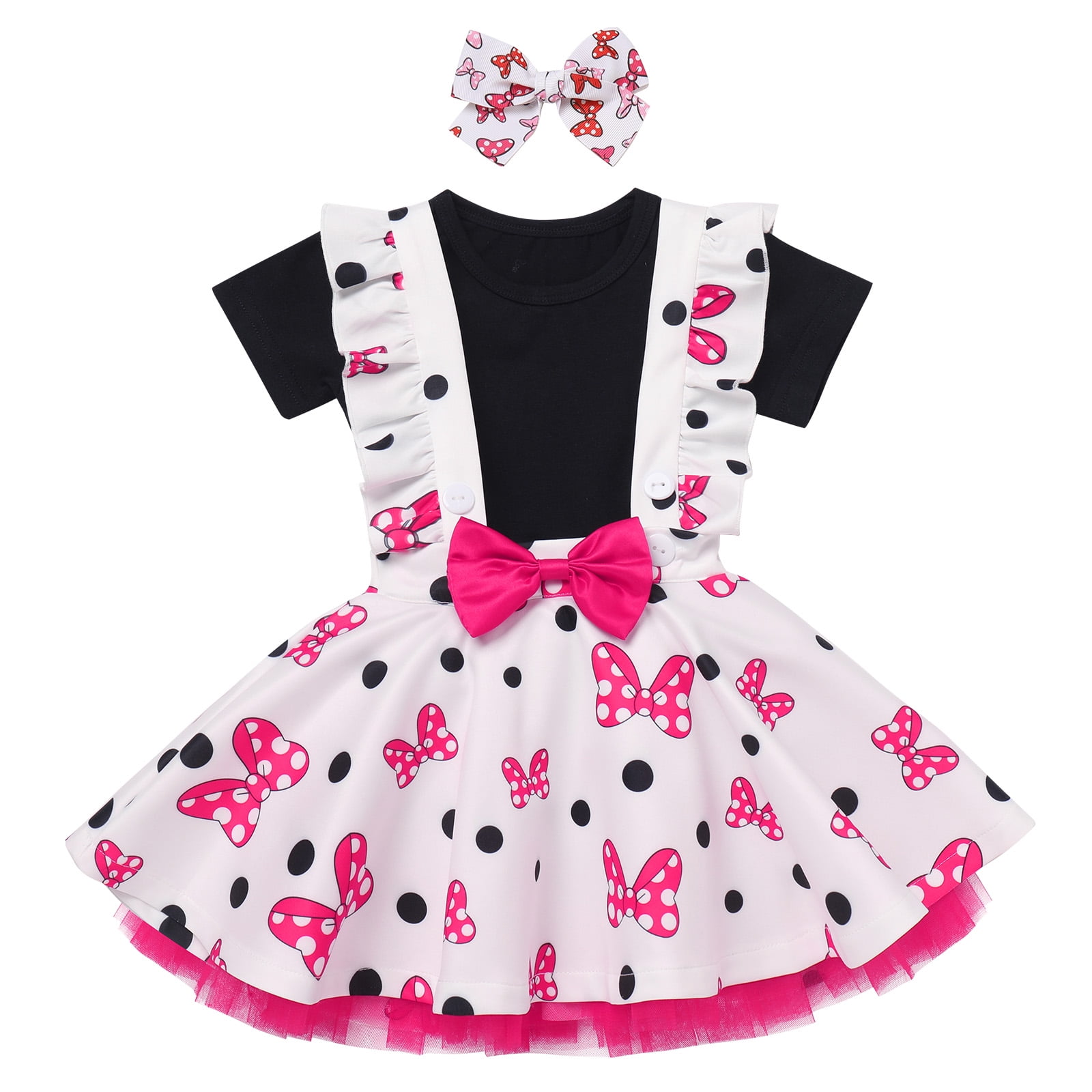 IBTOM CASTLE Toddler Baby Girls Mouse Birthday Outfit Short Sleeve Pullover T-shirt Suspender Skirt with Headband Cake Smash Casual Outfits 3-4 Years Black + Hot Pink