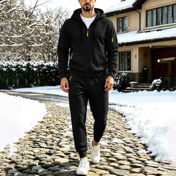 Mens 2 Piece Casual Tracksuits Full Zip Hoodies Sweatshirt Jogging Sweatpant Fashionable Running Sports Suits Black 2 M
