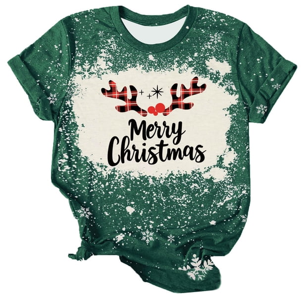 Navidad Tops de Mujer, Cuello Redondo Camiseta de Manga Corta con Estampado de Vacaciones, Blusa de Moda Casual