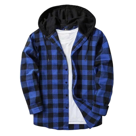 jobturf Mens Plaid Jackets Fall Winter Button Down Long Sleeve Hooded Coat Casual Drawstring Outdoor Work Lightweight Outerwear