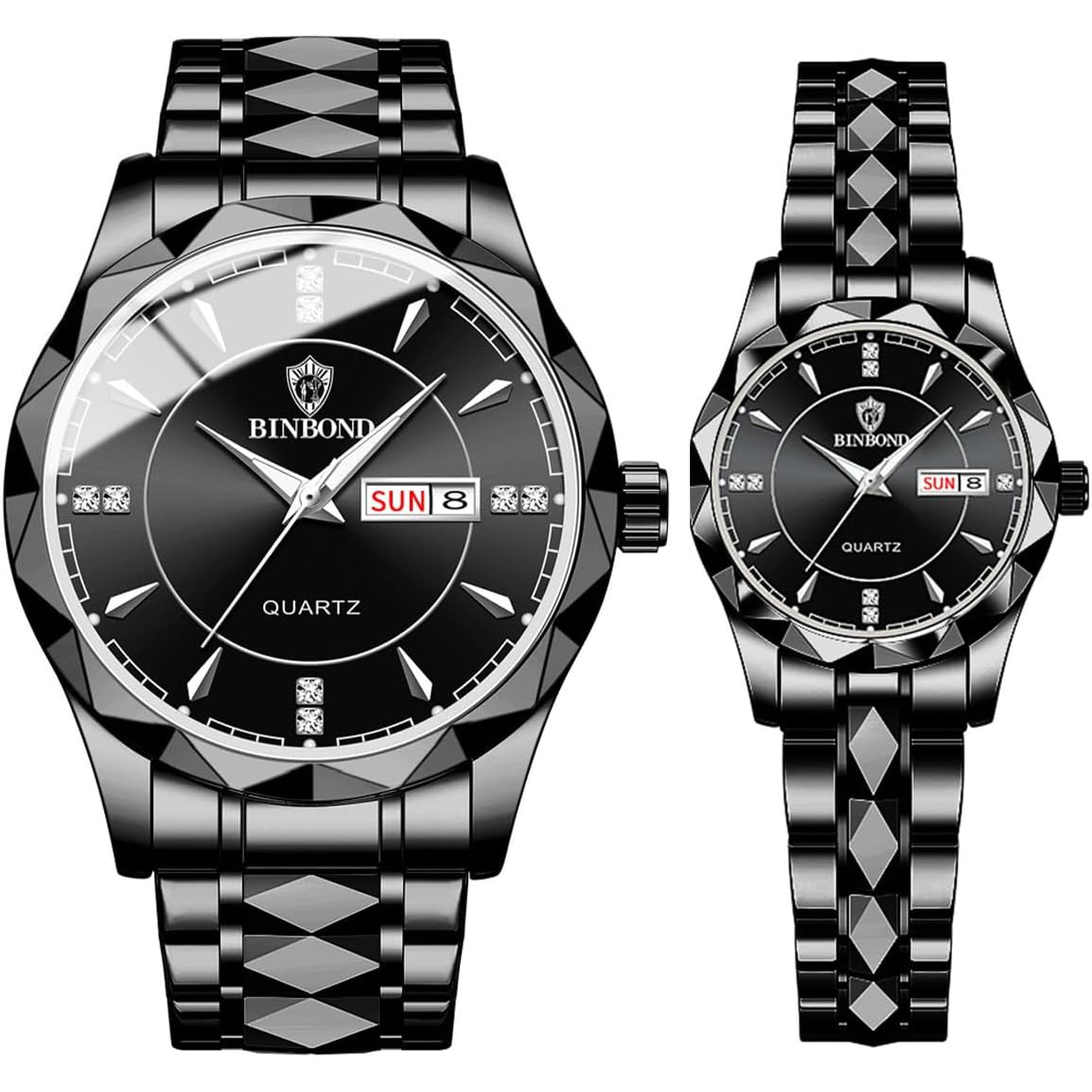 His and Hers Couple Quartz Watches, Stainless Steel Luminous Waterproof Wrist Watches with Calendar, Romantic Wedding Business Dress Pair Watches for Valentine's Day Gift