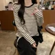 thumbnail image 3 of Camiseta de manga larga a rayas de algodón puro de principios de otoño, ropa para mujer, top informal ajustado con cuello redondo y bordado de letras, 3 of 4
