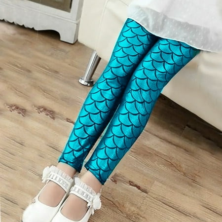 

GYRATEDREAM 2-8T Toddler Kid Little Girls Colorful Mermaid Print Ankle Leggings Fleece Lined PU Tight Trouser