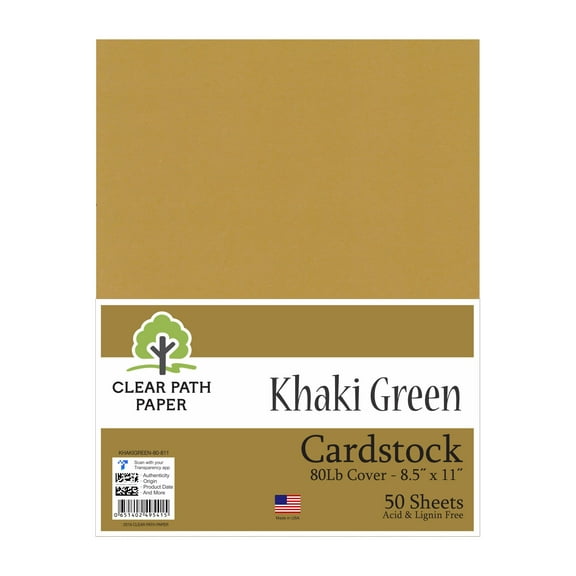 Khaki Green Cardstock - 8.5 x 11 inch - 80Lb Cover - 50 Sheets - Clear Path Paper
