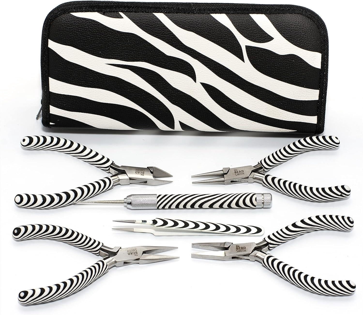 The Beadsmith Zebra Print Pliers – 5 Inch Tools, 6 Piece Kit: Chain Nose, Round Nose, Bent Chain Nose, Side Cutter, Tweezers & Reamer with Zippered Pouch – Tools Set for Jewelry Making