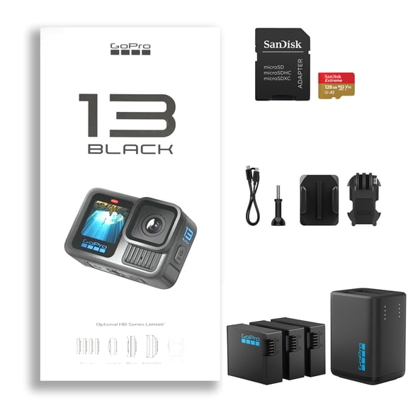 GoPro HERO13 Black Action Camera with Front & Rear LCD Screen | Waterproof, Bluetooth Enabled Camera w/ GoPro Dual-Battery Charger, 2 Enduro Batteries & 128GB Extreme UHS-I Memory Card - Bundle Set