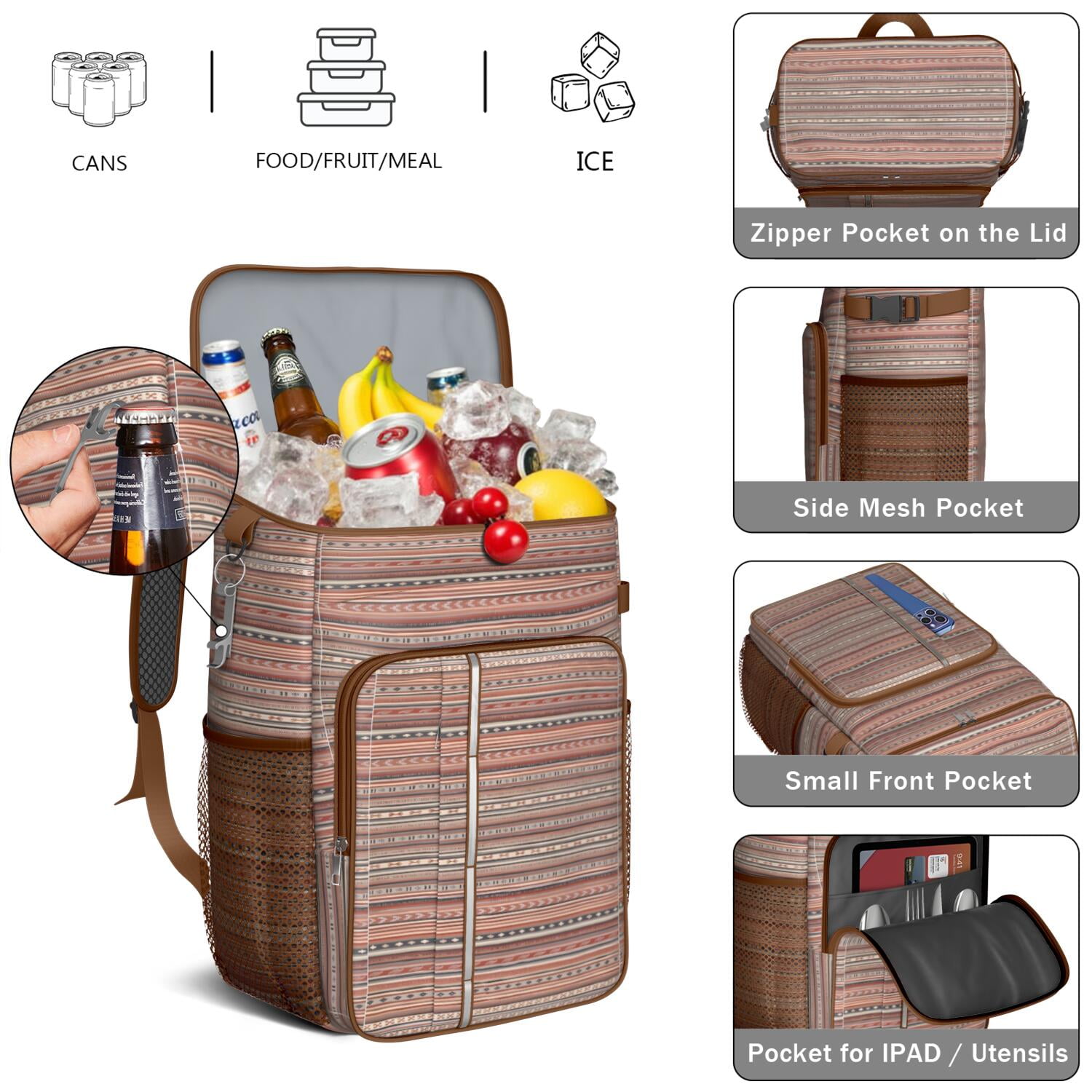 Travel Cooler Bag - Boho Bohemia Pioneer Flower Geometric Line Art Camping Beer Cooler Backpack with Bottle Opener- Waterproof Insulated Picnic Backpacks - Cooler Bag for Beach