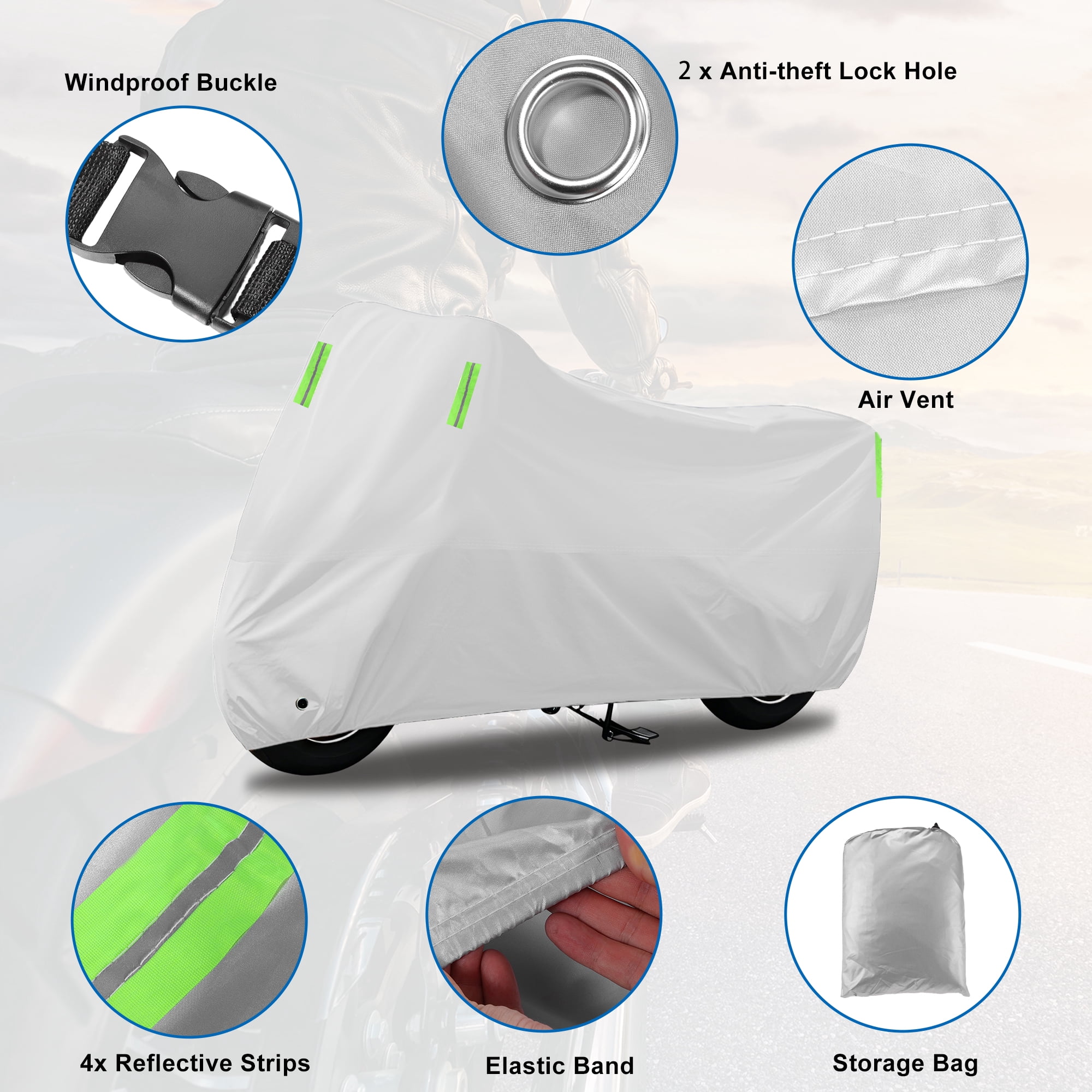 Unique Bargains Motorcycle Cover Outdoor Waterproof Motorbike Cover Full Cover 190T Umbrella Cloth Silver Tone-M Universal 200cmx90cmx100cm / 78.74"x35.43"x39.37"