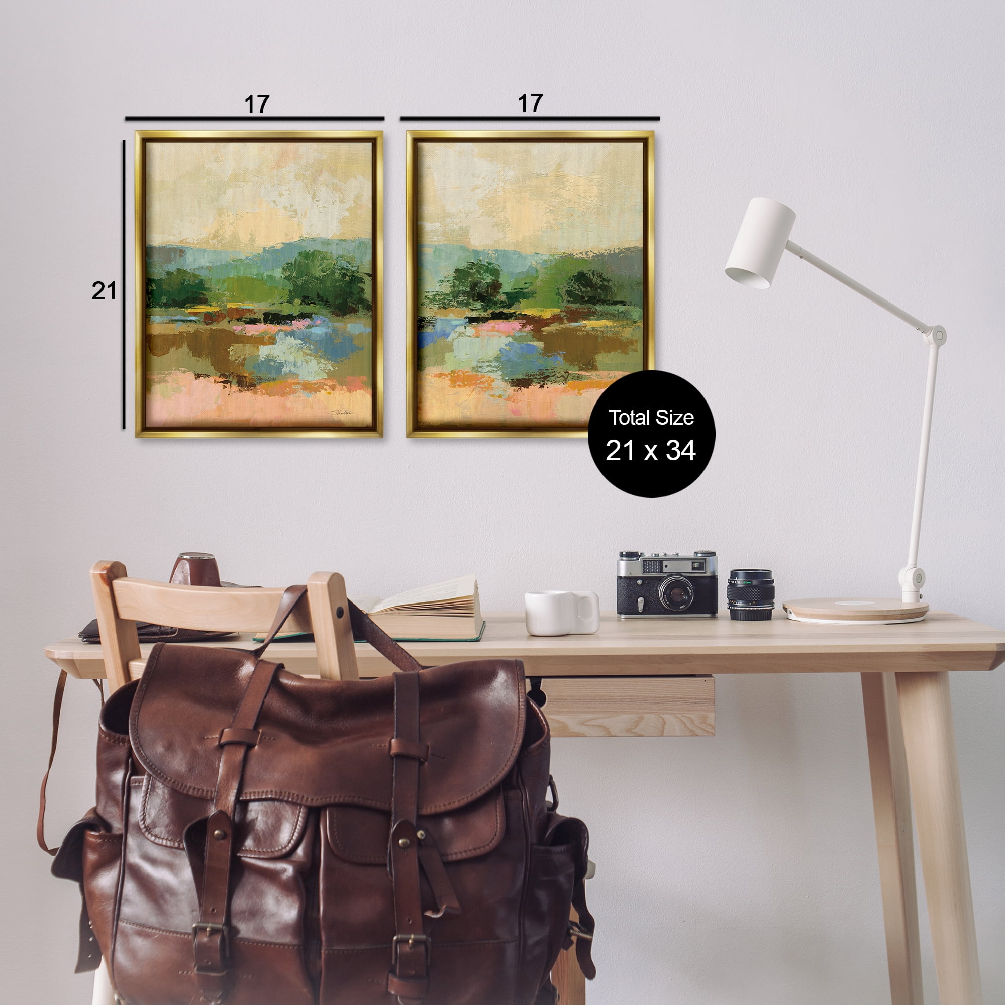 Stupell Industries Across the River Landscape Landscape & Nature Painting Gold Floater Framed Canvas Art Print Wall Art, 17 x 21, Set of 2