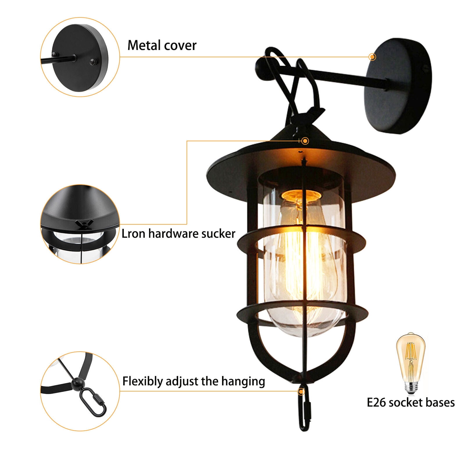 Exterior Wall Light Metal Porch Light Fixtures Outdoor Wall Sconce with Black Finish Glass Shade