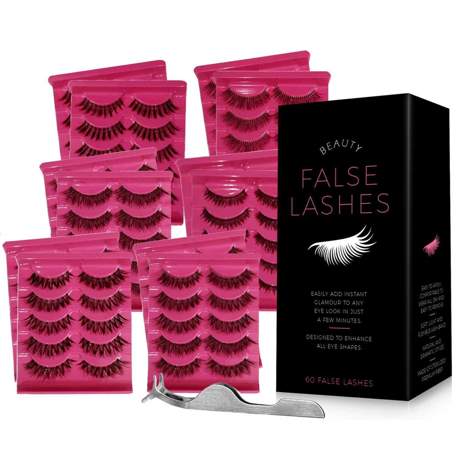 False Eyelashes Pack with Tweezers (60 Pairs)