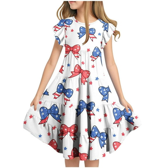 Lcziwo Fourth of July Baby Girl Dress Red Blue and White Patriotic Print Dresses Sleeveless Round Neck Pockets Dress Casual Summer 2025 Dresses White,10 Years