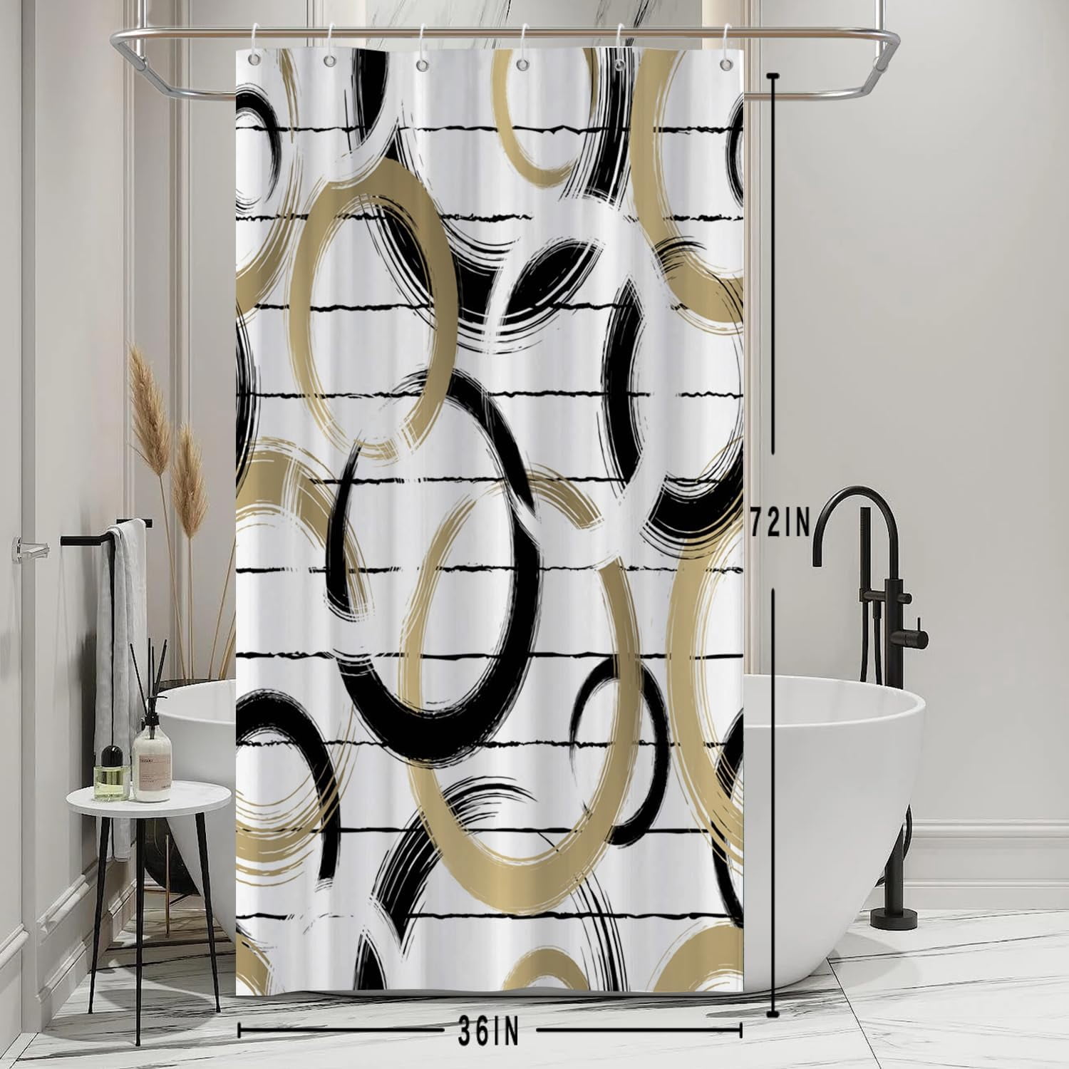 Modern Abstract Style Shower Curtain Black White Round Pattern Geometric Lines Shower Curtains for Art Aesthetic Bathroom Waterproof Fabric Decor Set with Hooks, 36W x 72H Inch