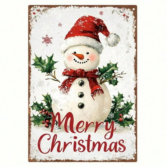Vintage Snowman themed Christmas metal wall decor sign with the word "Merry" adorned with red and green snowmen and holly berries. perfect for indoor/outdoor home, garage, patio and bar