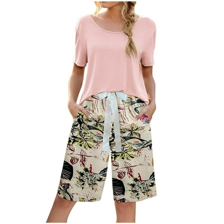 

Womens Summer Casual 2 Pieces Outfits Solid Short Sleeve Tops Tshirts with Bowknot Belted Knee Length Shorts Pajamas Sets